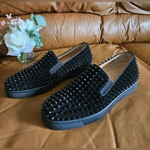 NDS Men's Christian Louboutin Black Leather Suede Spike-Studded Shoes Sz 7.5 US